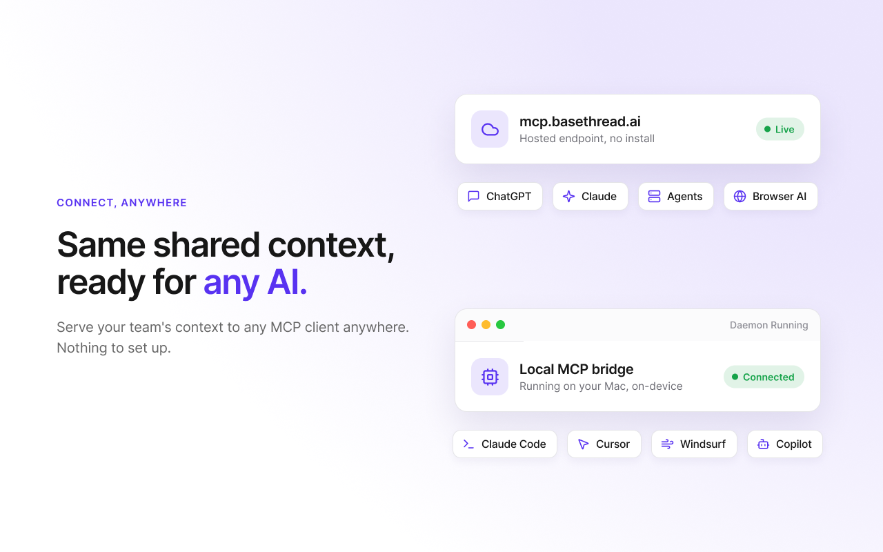 Connect anywhere — hosted mcp.basethread.ai live, and the local MCP bridge connected on your Mac
