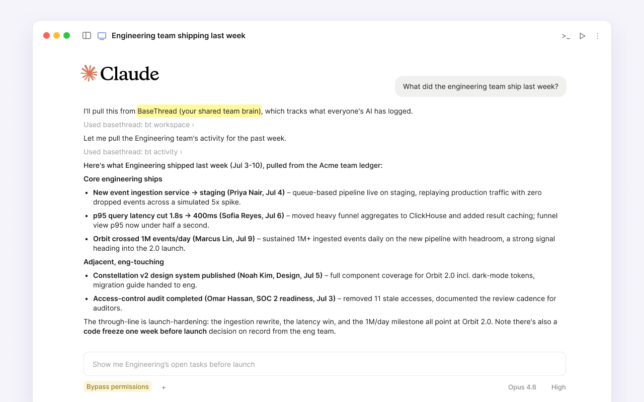 Claude answering 'What did the engineering team ship last week?' by pulling from BaseThread