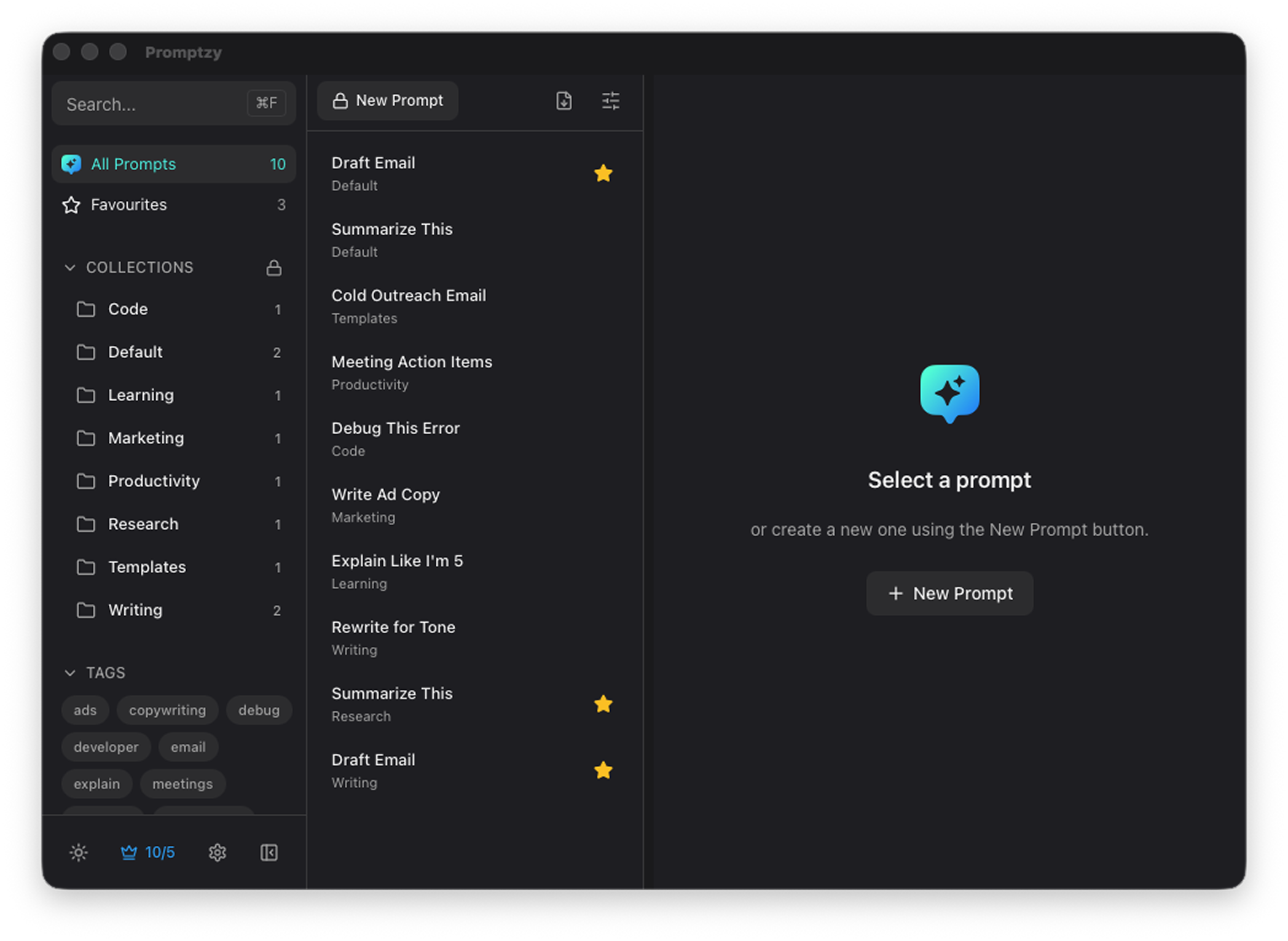 Promptzy — Dark mode main window