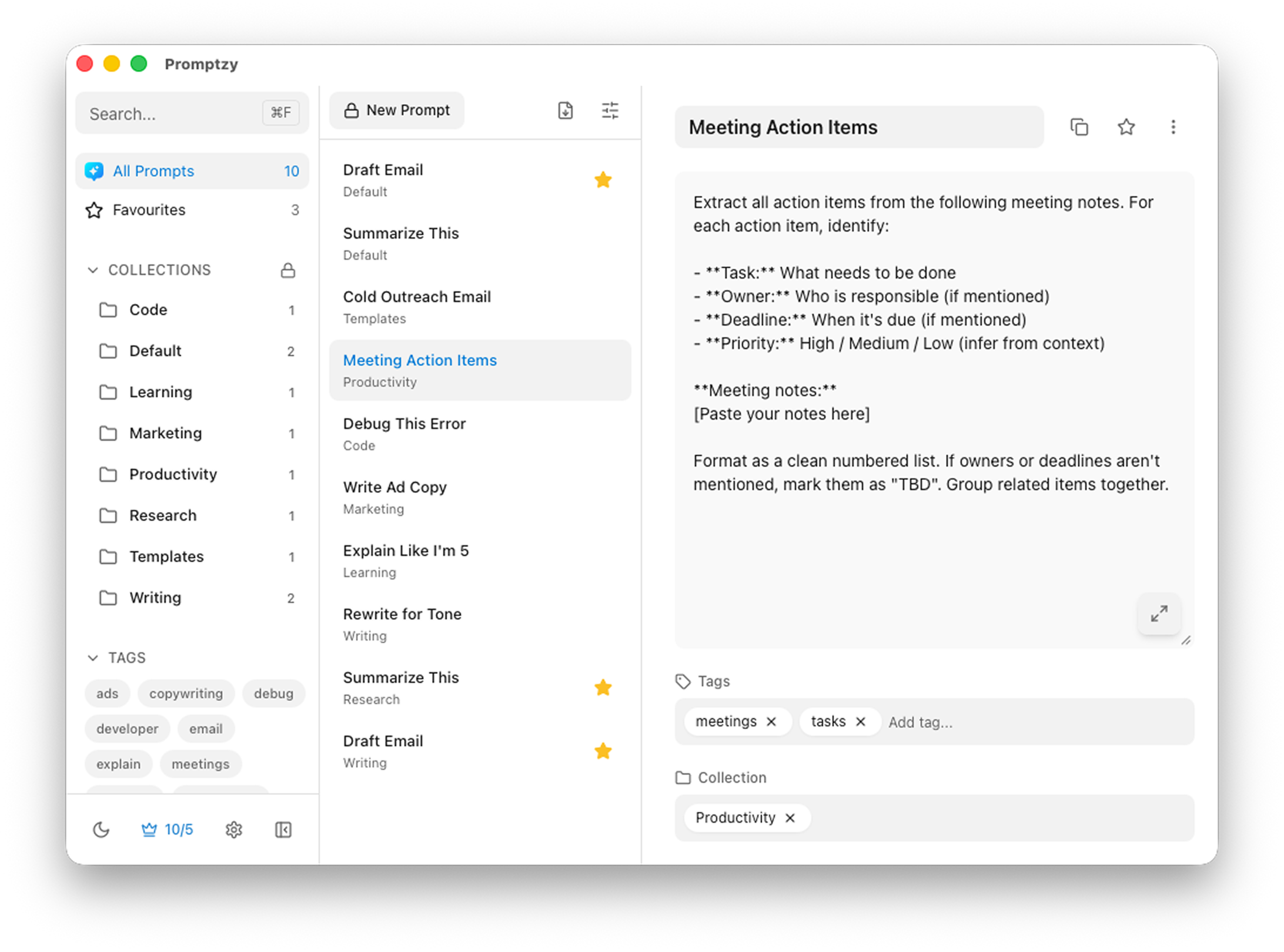 Promptzy — Light mode with prompt expanded