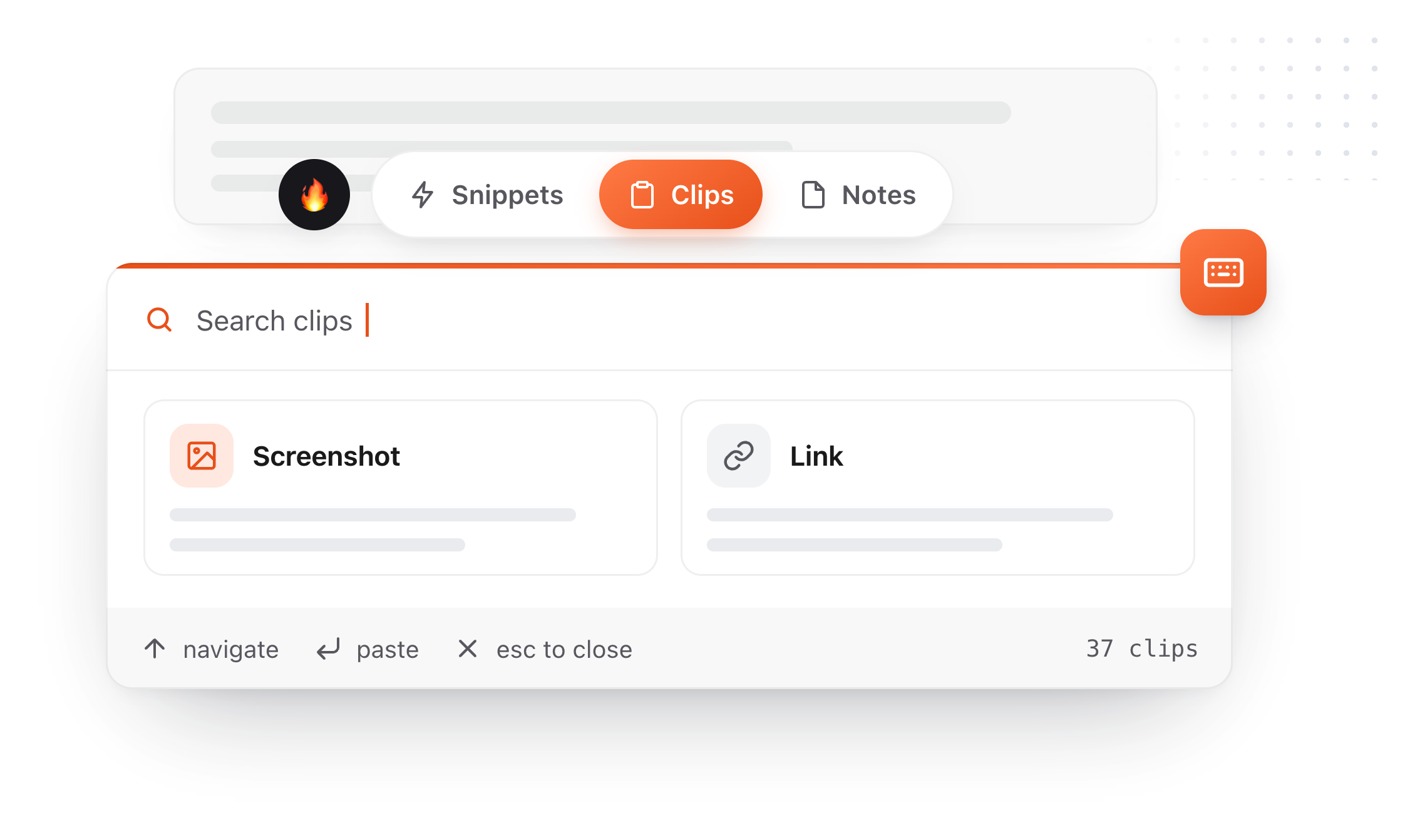 The TypeFire window with Snippets, Clips and Notes tabs floating over another app